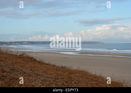 Filey bay from Hunmanby gap with foreground foliage. People walking with dog on the beach next to the sea Stock Photo