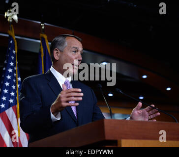 Washington, DC, USA. 8th Jan, 2015. Speaker of the U.S. House of Representatives John Boehner speaks on a press conference at Capitol Hill in Washington, DC, capital of the United States, Jan. 8, 2015. John Boehner, a Republican from the state of Ohio, was re-elected as Speaker of the U.S. House of Representatives Tuesday. Credit:  Bao Dandan/Xinhua/Alamy Live News Stock Photo