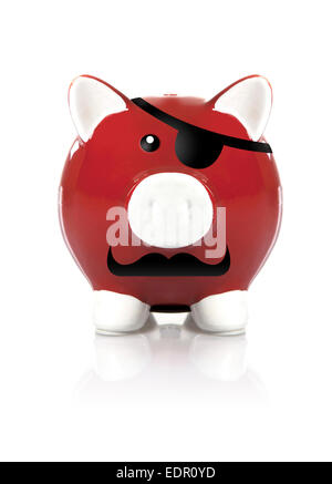 Pirate piggy bank with eye patch looking at camera on white background Stock Photo