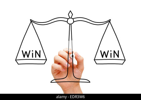Hand drawing Win Win scale concept with black marker on transparent wipe board isolated on white. Stock Photo