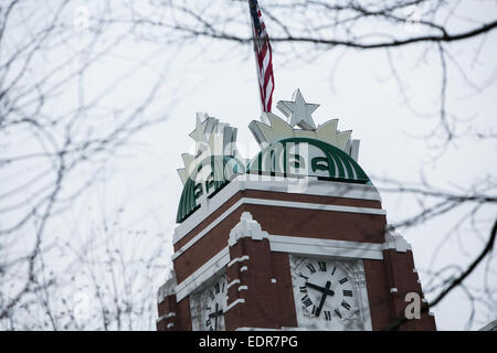 A logo sign outside the headquarters of the Starbucks Coffee Company in Seattle, Washington. Stock Photo