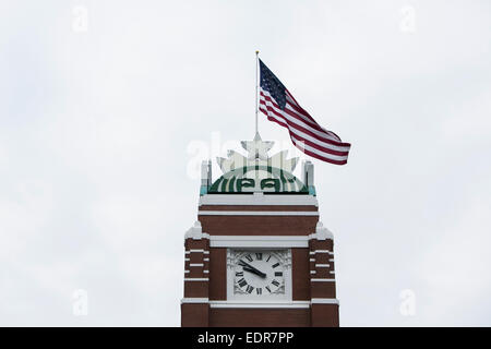 A logo sign outside the headquarters of the Starbucks Coffee Company in Seattle, Washington. Stock Photo