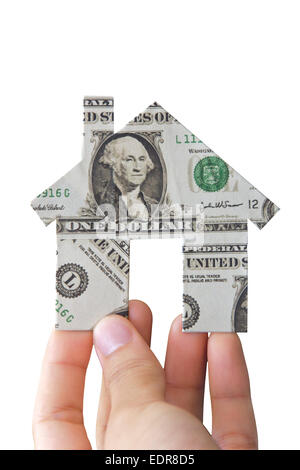 Hand holding banknote house icon Stock Photo - Alamy