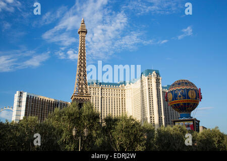 The Eiffel Tower Restaurant at the Paris hotel and casino Bellagio Fountains located on the Las Vegas Strip in Paradise, Nevada. Stock Photo