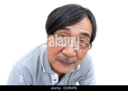 old age and grizzly man (acne,mustache,mole,wrinkle on face) with eye glasses is looking to something on white background (isola Stock Photo