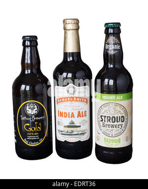 Three bottles of real ale, Tatton Brewery Gold, Samuel Smith India Ale, Stroud Brewery organic ale, isolated  white background. Stock Photo