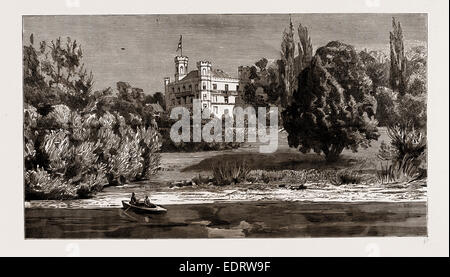 THE DEATH OF KING LUDWIG II. OF BAVARIA: SCHLOSS BERG, AND THE LAKE WHERE THE LATE KING COMMITTED SUICIDE, GERMANY, 1886 Stock Photo