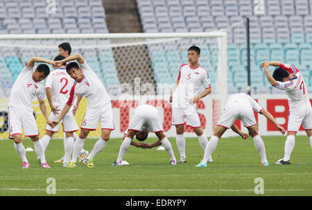 Sydney, Australia. 9th Jan, 2015. Players of the national football team of the Democratic People's Republic of Korea (DPRK), attend a training session one day before the group match between DPRK and Uzbekistan at the AFC Asian Cup in Sydney, Australia, Jan. 9, 2015. © Jin Linpeng/Xinhua/Alamy Live News Stock Photo