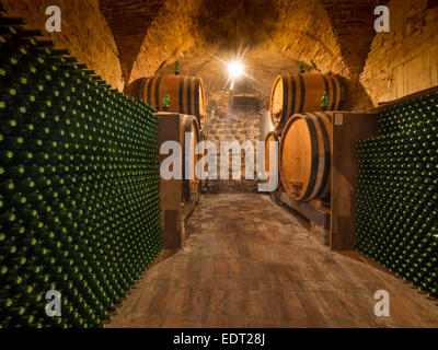 Wine bottles and barrels in arched cellar vault Stock Photo
