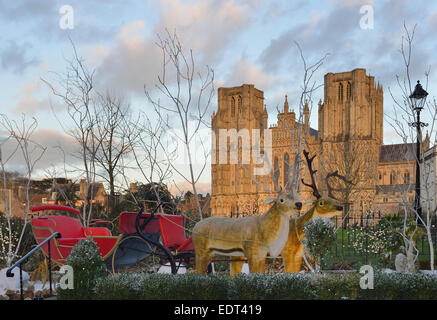 Santa's Reindeer and Sleigh at Wells Cathedral Stock Photo