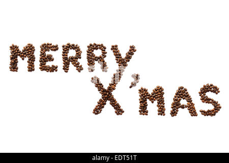 Merry X'mas (coffee beans) on white background (Isolated) Stock Photo