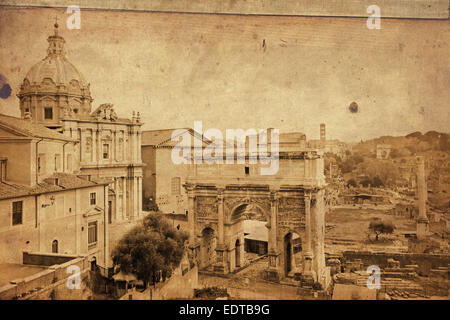 Retro and vintage styled view of ruins of the buildings of the Roman Forum in the center of the city of Rome, Italy. Grunge text Stock Photo