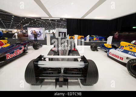 Excel, London’s Docklands, UK. 9th January, 2015. The London Classic Car Show. Exhibition featuring the cars and career of F1’s most successful designer of all-time, Adrian Newey. Credit:  Malcolm Park editorial/Alamy Live News Stock Photo