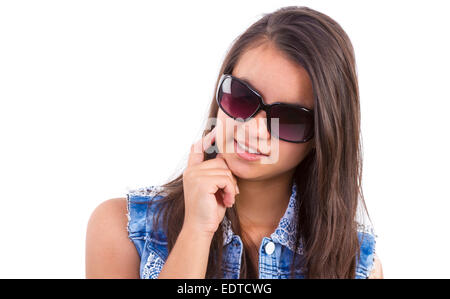 teenager girl with sun glasses on white background Stock Photo