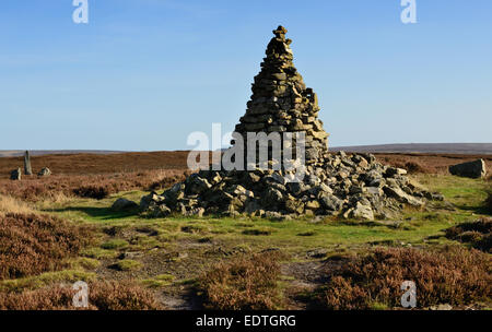 Cairn on moorland summit with 360 degree panorama. Stock Photo