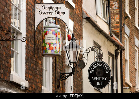 UK, England, Yorkshire, Whitby, Sandgate, ornate shop signs Stock Photo