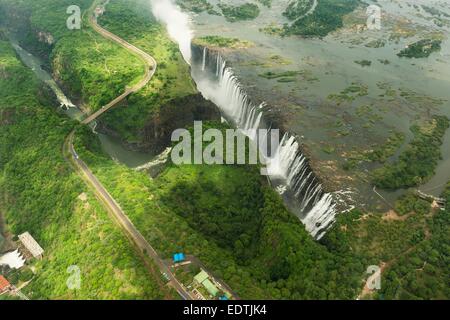 Aerial image of the Victoria Falls and the spray taken from the Zambian side and looking towards Zimbabwe, Africa. Stock Photo