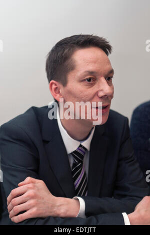 Copenhagen, Denmark. 9th January, 2015.  Newly elected Greenlandic Deputy Prime Minister, Andreas, pictured at the press conference today,Friday,  in Copenhagen, where he together with Prime Minister Kim Kielsen,  speaks to Danish and foreign media. Credit:  OJPHOTOS/Alamy Live News Stock Photo