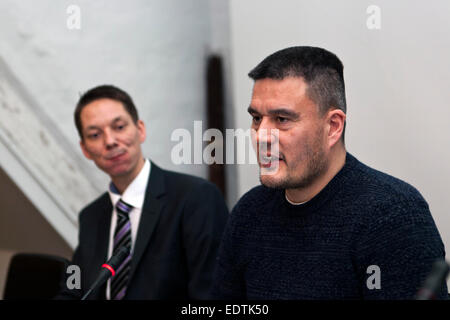 Copenhagen, Denmark. 9th January, 2015.  Newly elected Prime Minister of Greenland, Mr. Kim Kielsen (photo, right) and Deputy Prime Minister, Andreas Uldum (photo, left), speaks to Danish and foreign media at press conference at the Greenlandic Representation office in Copenhagen today Friday.  The new PM said: “I have just announced that the new parliament will present a sustainable growth plan that will ensure a balanced economy, also in the longer term, and increase employment in the private sector.” Credit:  OJPHOTOS/Alamy Live News Stock Photo