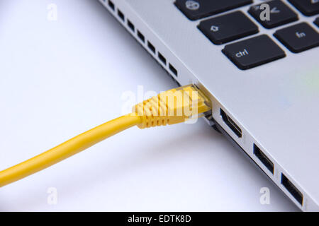 Ethernet cable connected to the computer seen up close Stock Photo