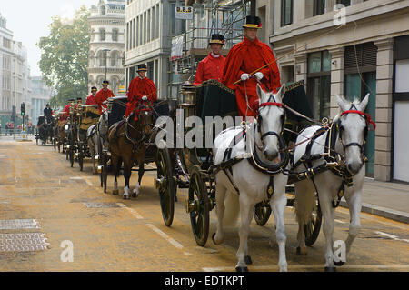 The carriages which were to be used in the Lord Mayor's Show lining up in the correct order before the start. Stock Photo