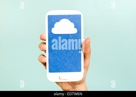 Mobile cloud computing concept on blue background Stock Photo