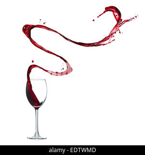 Glass of red wine splashing out, isolated on white background Stock Photo