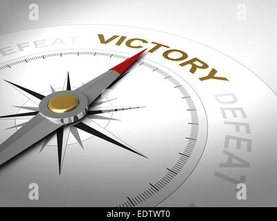 Conceptual 3D render of compass with needle pointing the word victory Stock Photo