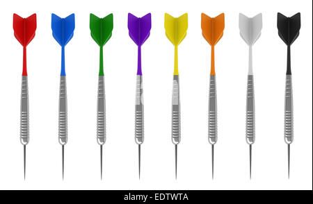 3d render of darts in various colors isolated on white background Stock Photo