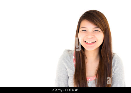 round face and white skin thai hairy woman with gray coat is smiling on white background Stock Photo