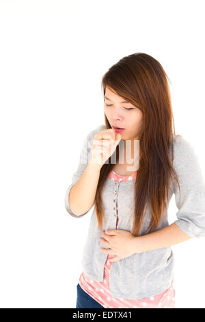 thai sick woman is coughing on white background Stock Photo