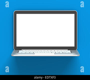 Laptop with blank screen against blue wall, 3d render Stock Photo