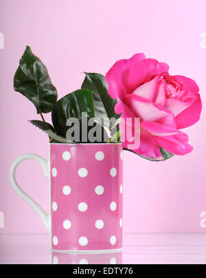 Beautiful pink rose gift in polka dot coffee cup on feminine pink background. Stock Photo