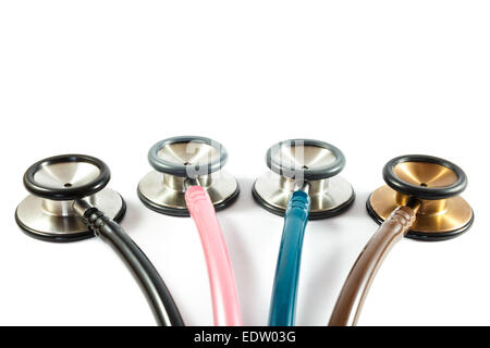 colorful stethoscopes line on white background (isolated) and blank area at upper side Stock Photo