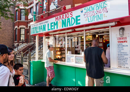 Chicago Illinois,Little Italy,West Taylor Street,Mario's Italian Lemonade,stand,customers,line,queue,Hispanic Latin Latino ethnic immigrant immigrants Stock Photo