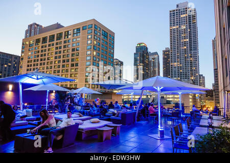 Chicago Illinois,North River,North Rush Street,Conrad Hilton,hotel,Terrace Rooftop Bar,restaurant restaurants food dining cafe cafes,al fresco sidewal Stock Photo