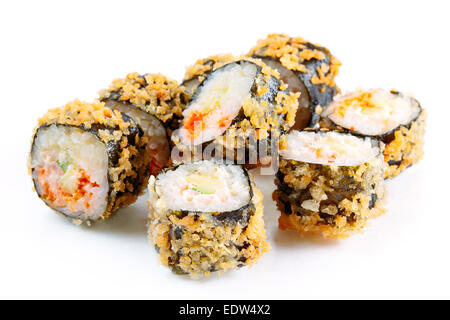 Tempura roll with salmon and avocado, over white, eight pieces Stock Photo