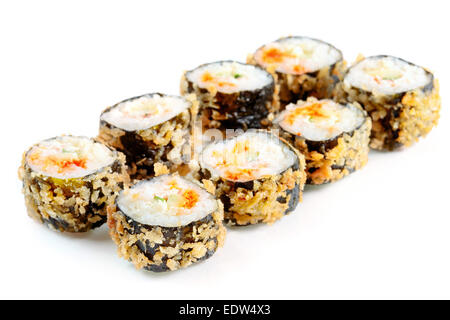 Tempura roll with salmon and avocado, over white, eight pieces. Selective focus. Stock Photo