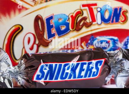 Snickers chocolate removed from box of Celebrations chocolates Stock Photo