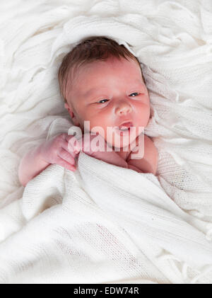 a few days old infant with diaper is in Baby cot Stock Photo