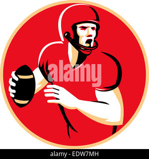 Illustration of an american quarterback football player shouting  passing ball set inside circle done in retro style. Stock Photo