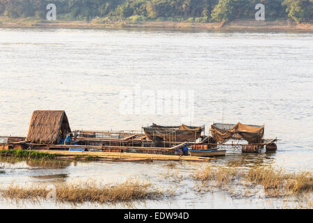 native houseboat on Mekong river in the evening at Chiang Khan ,Loei ,Thailand Stock Photo
