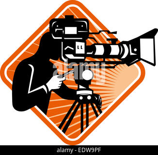 Illustration of film crew cameraman shooting filming with movie camera viewed from side set inside diamond done in retro style. Stock Photo