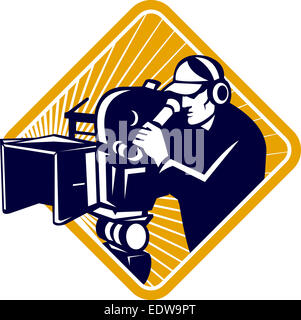Illustration of film crew cameraman shooting filming with movie camera viewed from front set inside shield crest shape with sunburst in the background done in retro style. Stock Photo