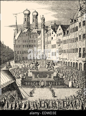 Historical  cityscape, a Holy Mass in front of the Marian Column on the Marienplatz in Munich, 17th century, Bavaria, Germany, E Stock Photo