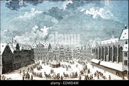 Historical cityscape of Goettingen, Sleigh ride on the marketplace, 18th century, Lower Saxony, Germany, Stock Photo