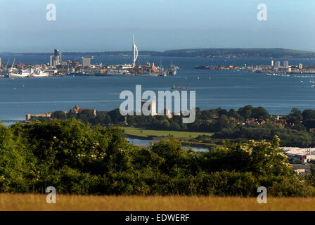 A view of Portchester castle and portsmouth harbour from portsdown hill, hampshire Stock Photo