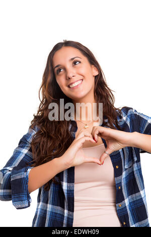 Beautiful woman making a heart shape with her hands, isolated over white background Stock Photo