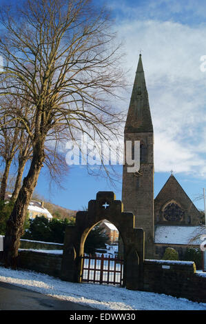 UK,Derbyshire,Peak District,Bamford,St John The Baptist Church after Snowfall Stock Photo