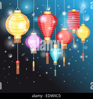 Christmas card Chinese lanterns on a dark blue background Stock Photo